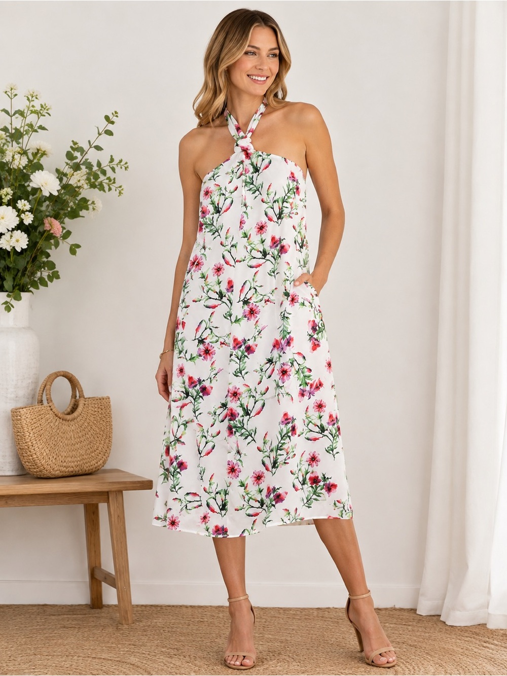 INC International Concepts NWT Floral Halter Midi Dress w Pockets Medium - Picture 4 of 8